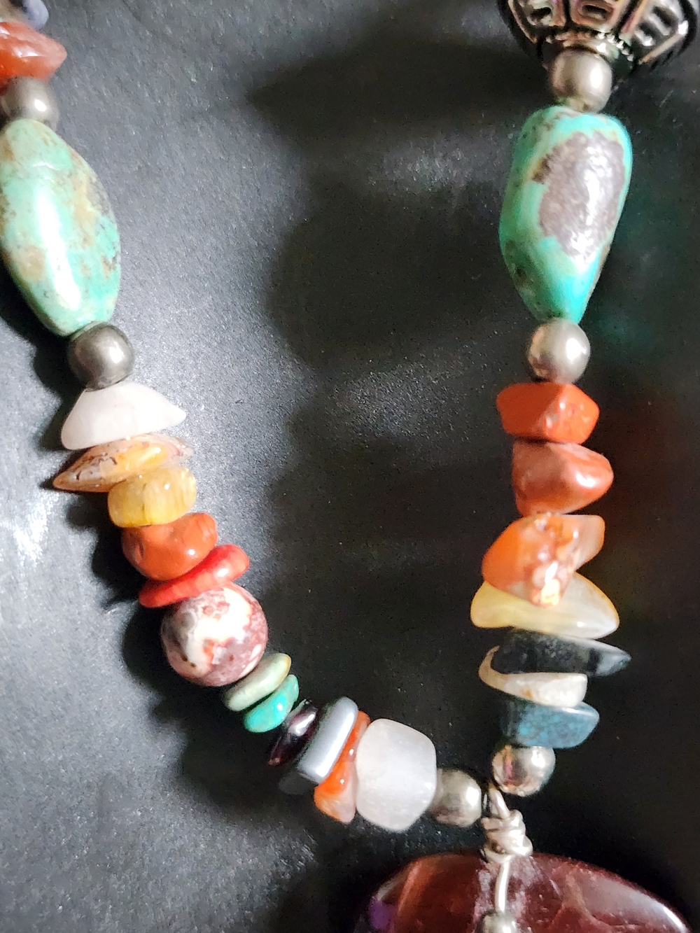 Boho Multicolor Feather Bear Pendant Necklace with Turquoise and Coral Accents - Picture 6 of 8